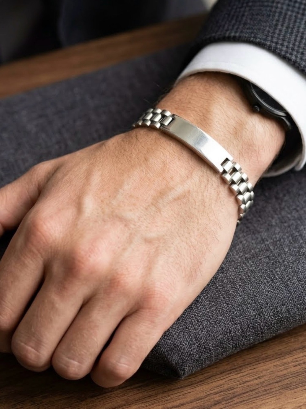 Men's Polished Stainless Steel ID Bracelet - Silver - Tarnish free - New